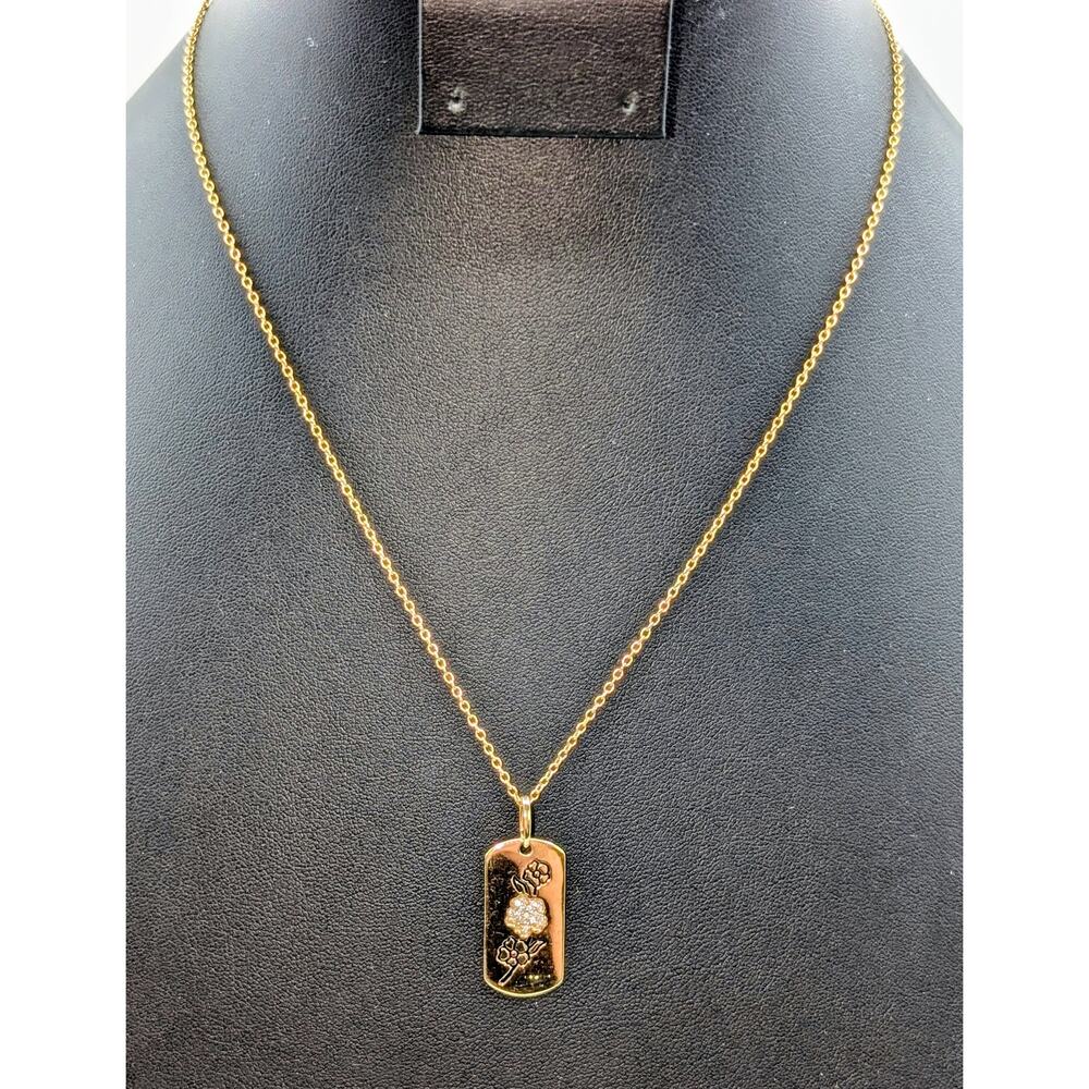 925 Sterling Vermeil Cherry Blossom CZ Flower Dog Tag Pendant 16"-18" Necklace